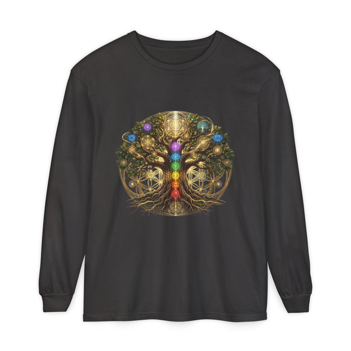 Chakra Tree of Life Long Sleeve T-Shirt | Spiritual Energy, Mandala Roots, Visual Quest, Burning Man, Cosmic, Deadhead, Hippie Style