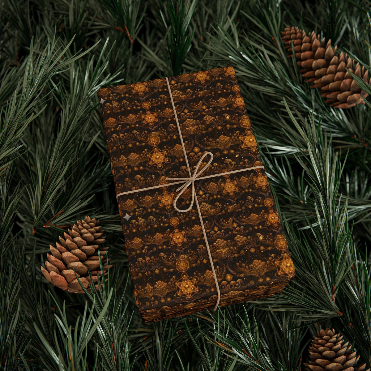 Sacred Earth Gold Mandala Pattern Wrapping Paper | Brown Decorative Gift Wrap, Burning Man Christmas wrapping paper