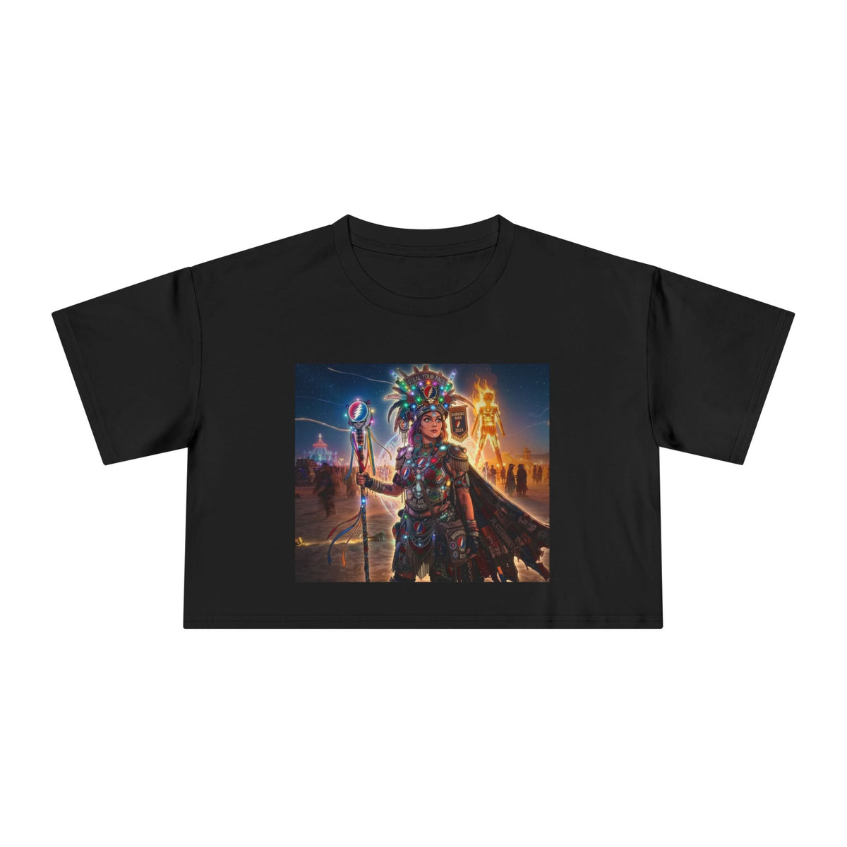 Aztec Warrior Goddess Crop Tee | Mythic Aztec Headdress, City Sunset