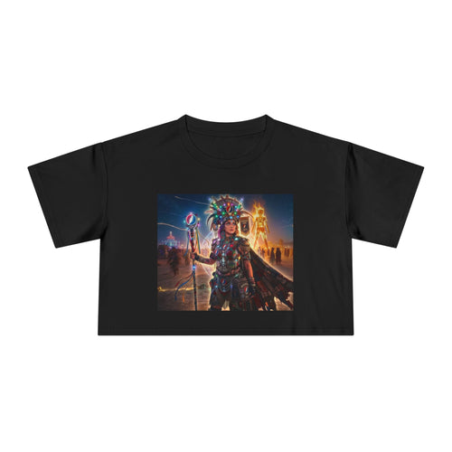 Aztec Warrior Goddess Crop Tee | Mythic Aztec Headdress, City Sunset