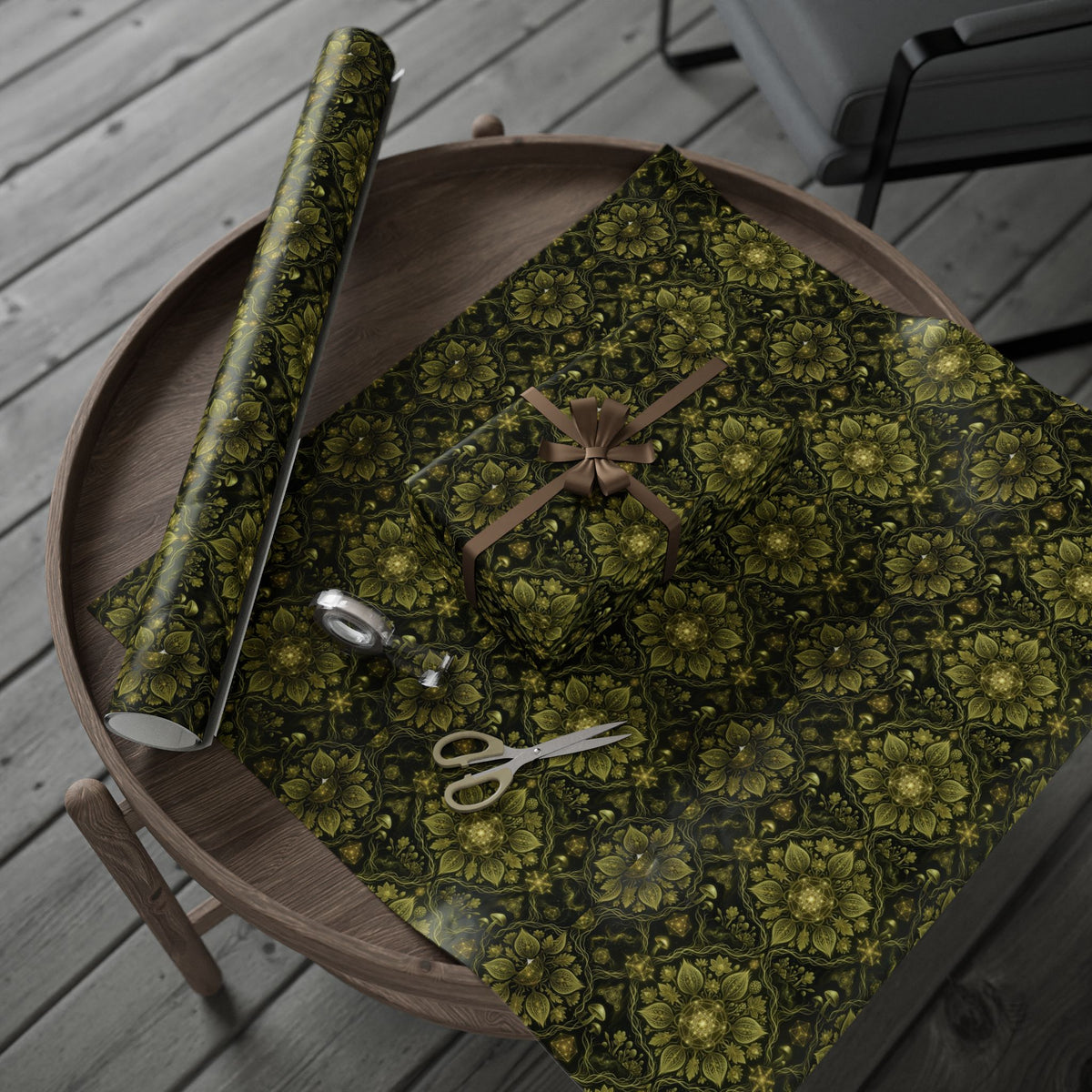Gold Floral Pattern Wrapping Paper | Dark Green Botanical Gift Wrap, Hippie gift wrap, Deadhead gift wrap, sacred geometry