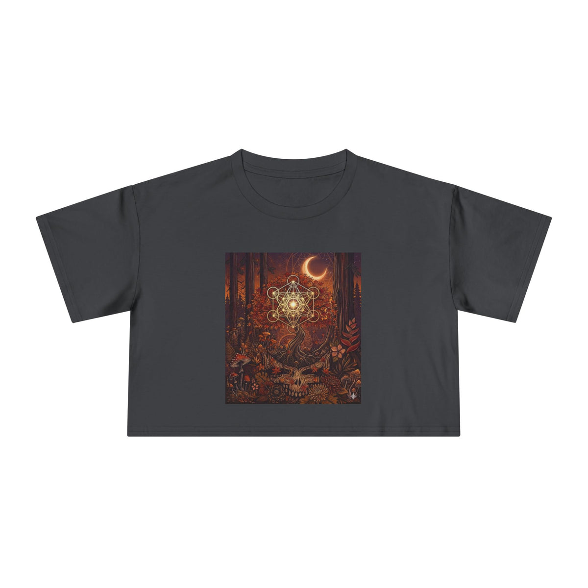 Celestial Moon Mandala Forest Scene Crop Tee | Mystic Night Nature Top
