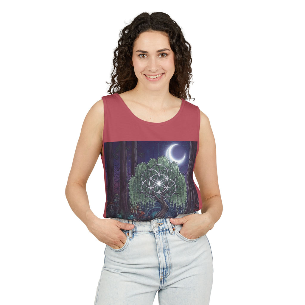 Mystical Moonlit Forest Tree Tank Top | Crescent Moon, Geometric Flower of Life