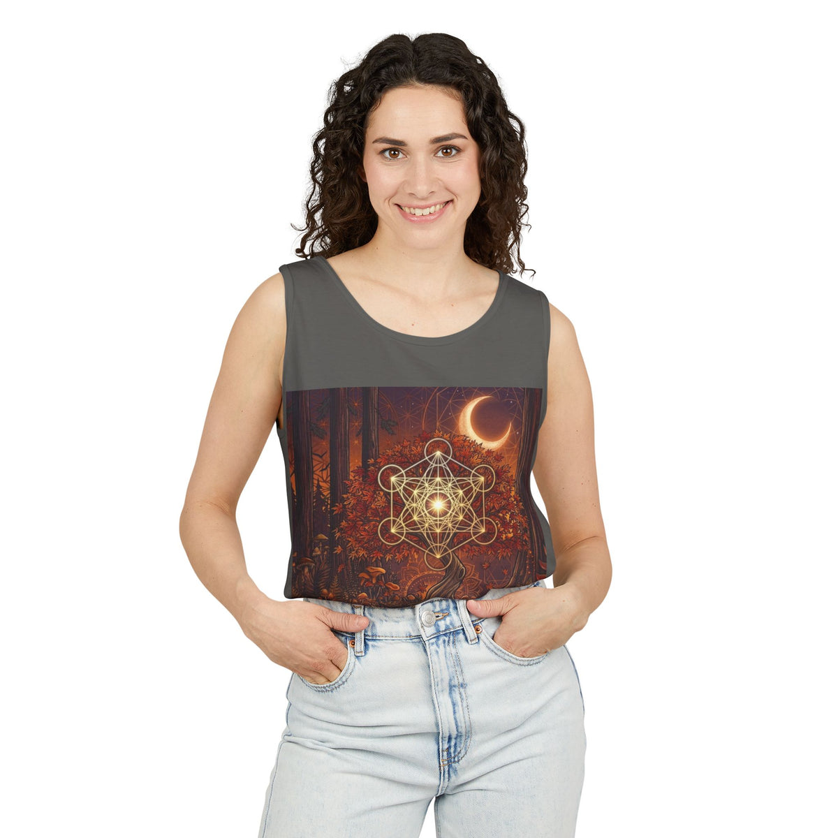 Mystical Forest Moon Metatron's Cube Tank Top | Sacred Geometry Nature