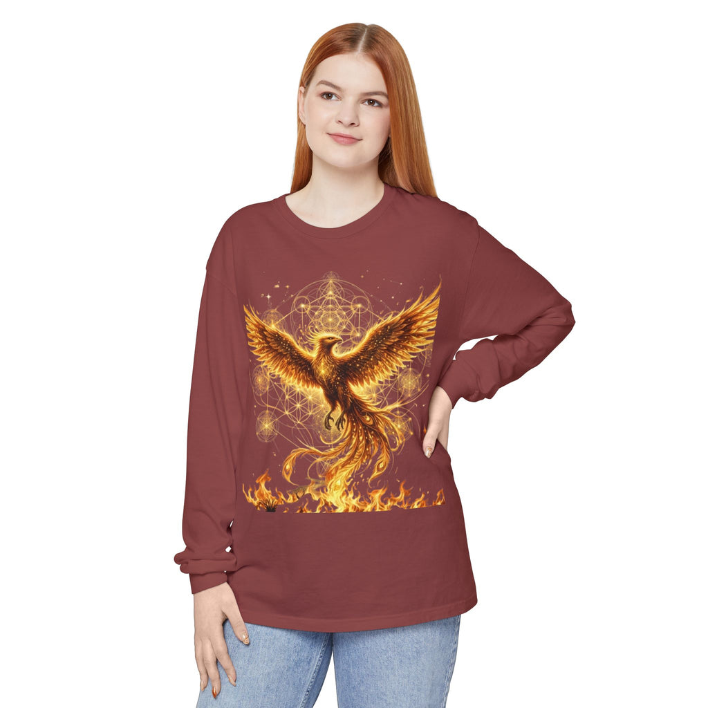 Fiery Phoenix Rising Long Sleeve | Golden Flame Bird Illustration
