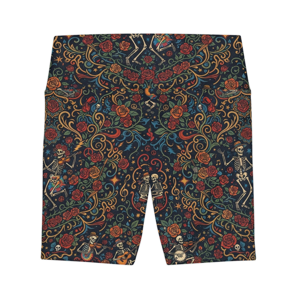 Ornate Deadhead Skeleton Pattern Biker Shorts | High Waisted Yoga Workout Shorts, Psychedelic Sacred Geometry Earth Tone