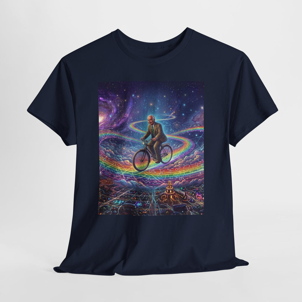 Albert Hoffman Riding Bicycle Through Rainbow Galaxy T-Shirt | Surreal Cosmic Art, Deadhead Gift