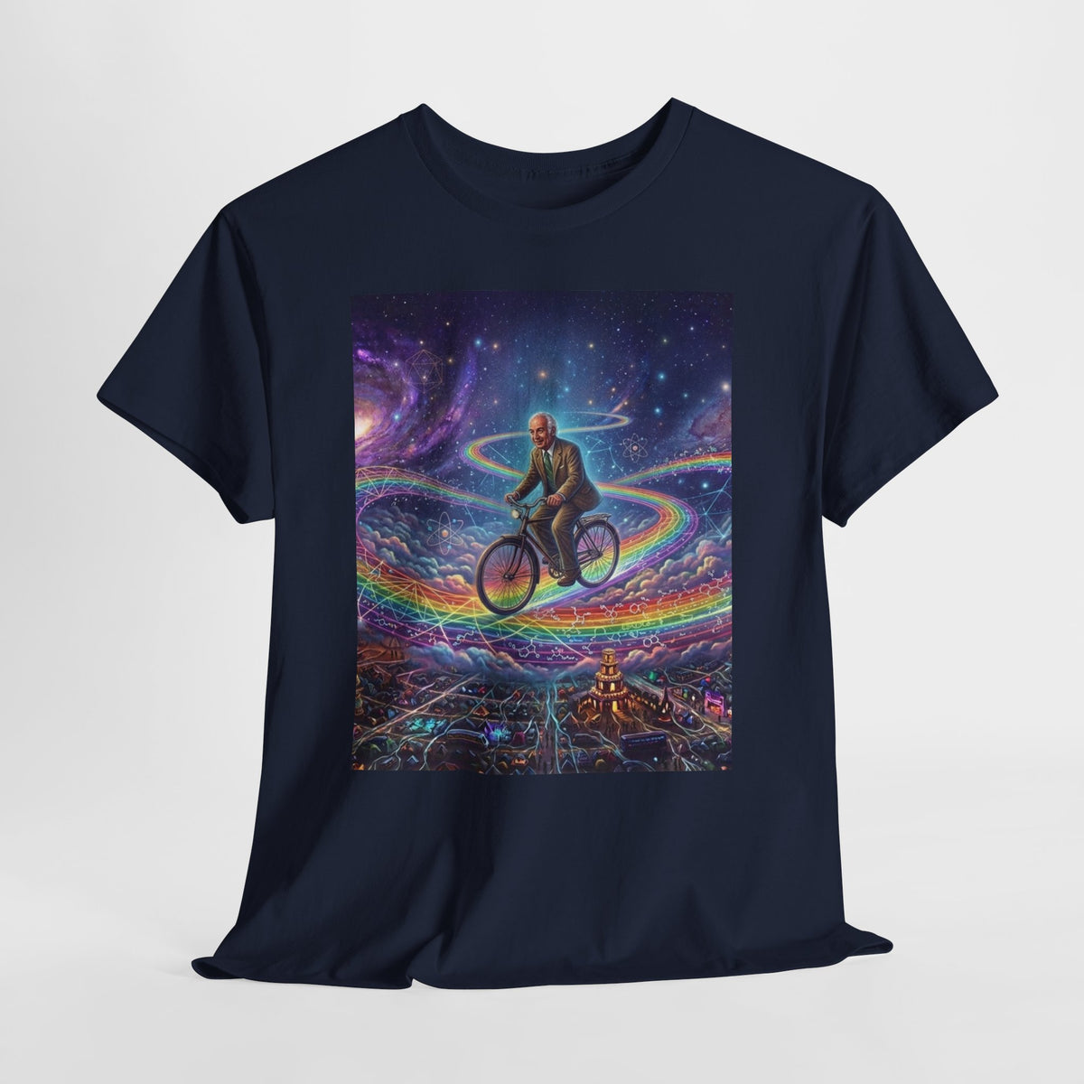 Albert Hoffman Riding Bicycle Through Rainbow Galaxy T-Shirt | Surreal Cosmic Art, Deadhead Gift