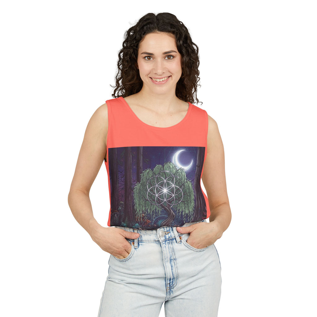 Mystical Moonlit Forest Tree Tank Top | Crescent Moon, Geometric Flower of Life
