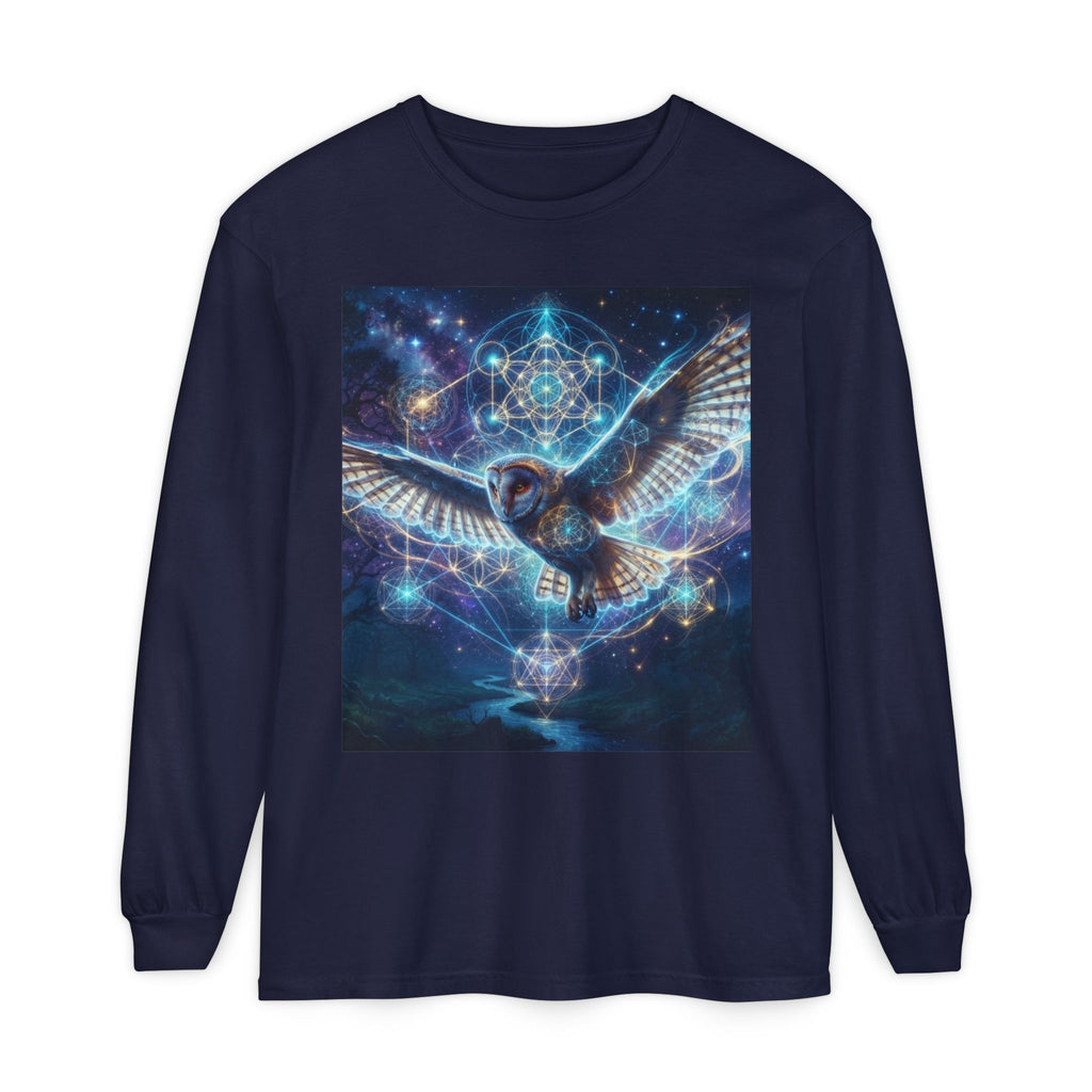 Mystic Barn Owl Long Sleeve T-Shirt | Geometric Night Sky