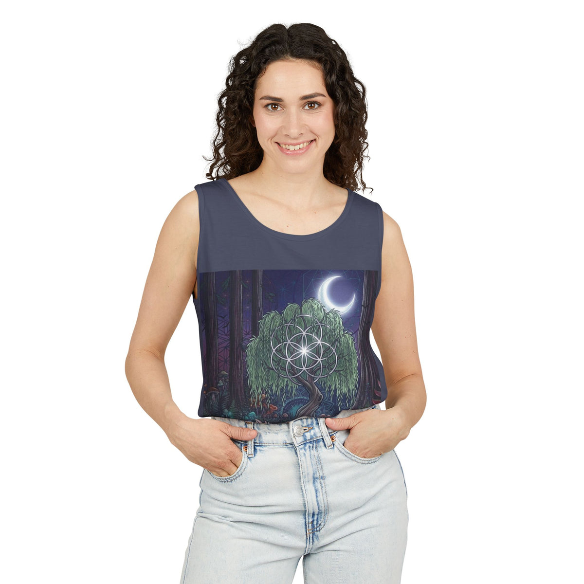 Mystical Moonlit Forest Tree Tank Top | Crescent Moon, Geometric Flower of Life