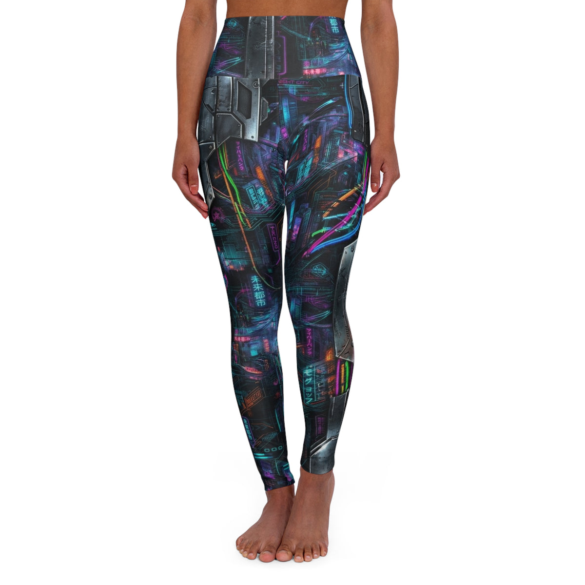 Neon Cyberpunk Circuit Leggings High Waisted Yoga Leggings | Futuristic City Print