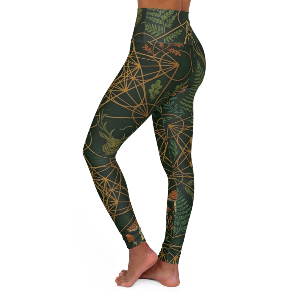 Botanical Sacred Geometry Leggings | High Waisted Yoga Leggings | Forest Mushroom Mandala Pants, Boho Festival Wear