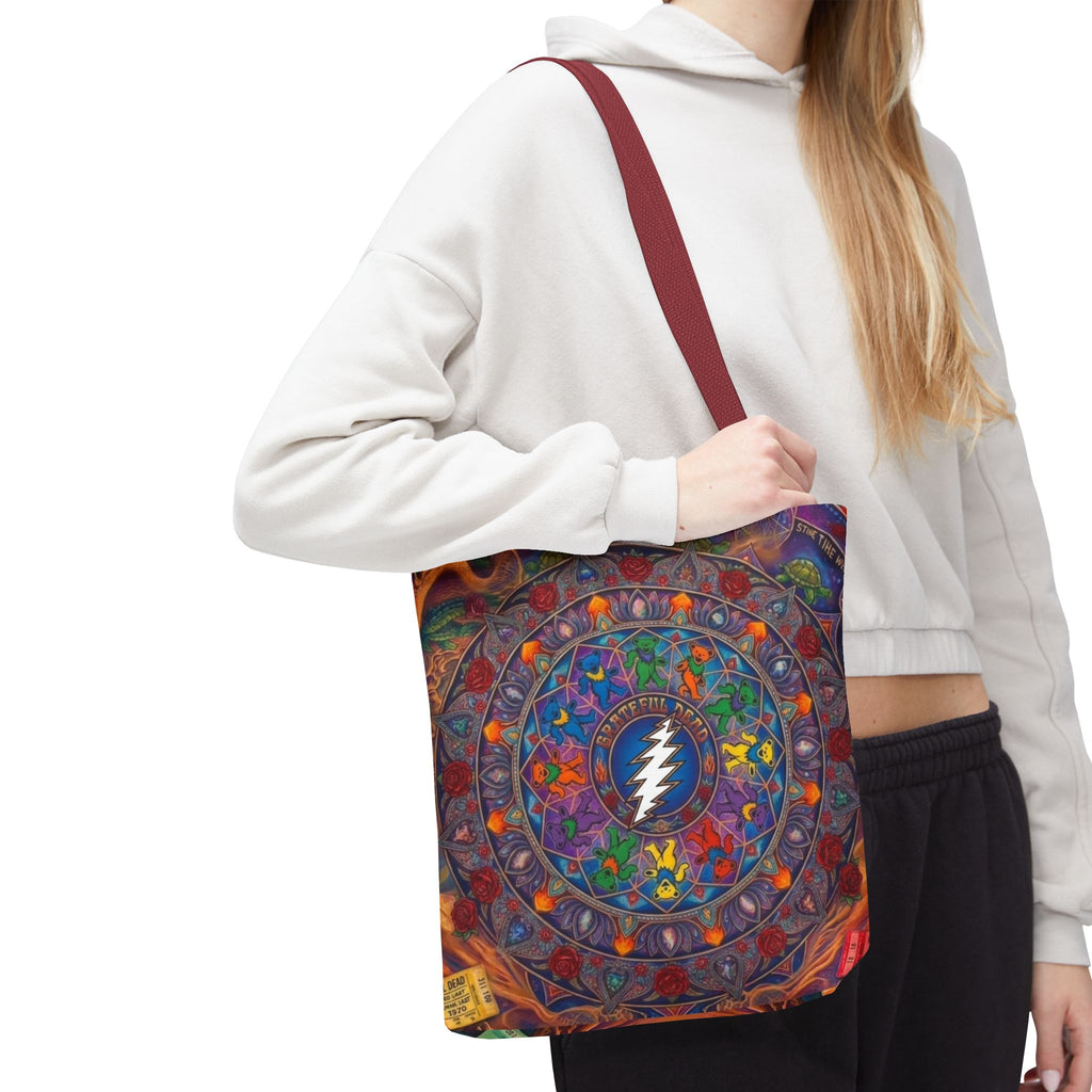 Psychedelic Mandala with Lightning Skull Tote Bag | Colorful Grateful Dead Art