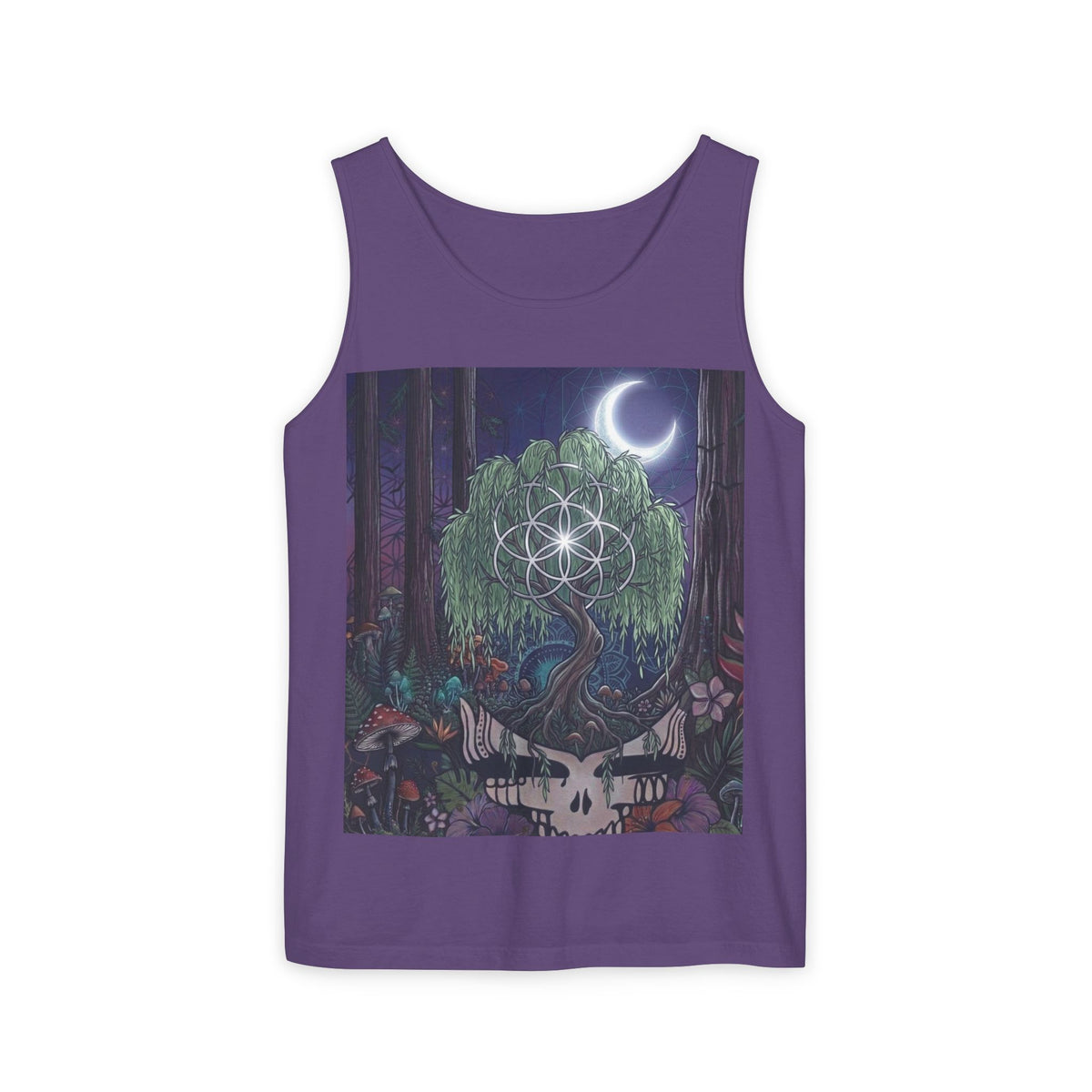 Mystical Moonlit Forest Tree Tank Top | Crescent Moon, Geometric Flower of Life