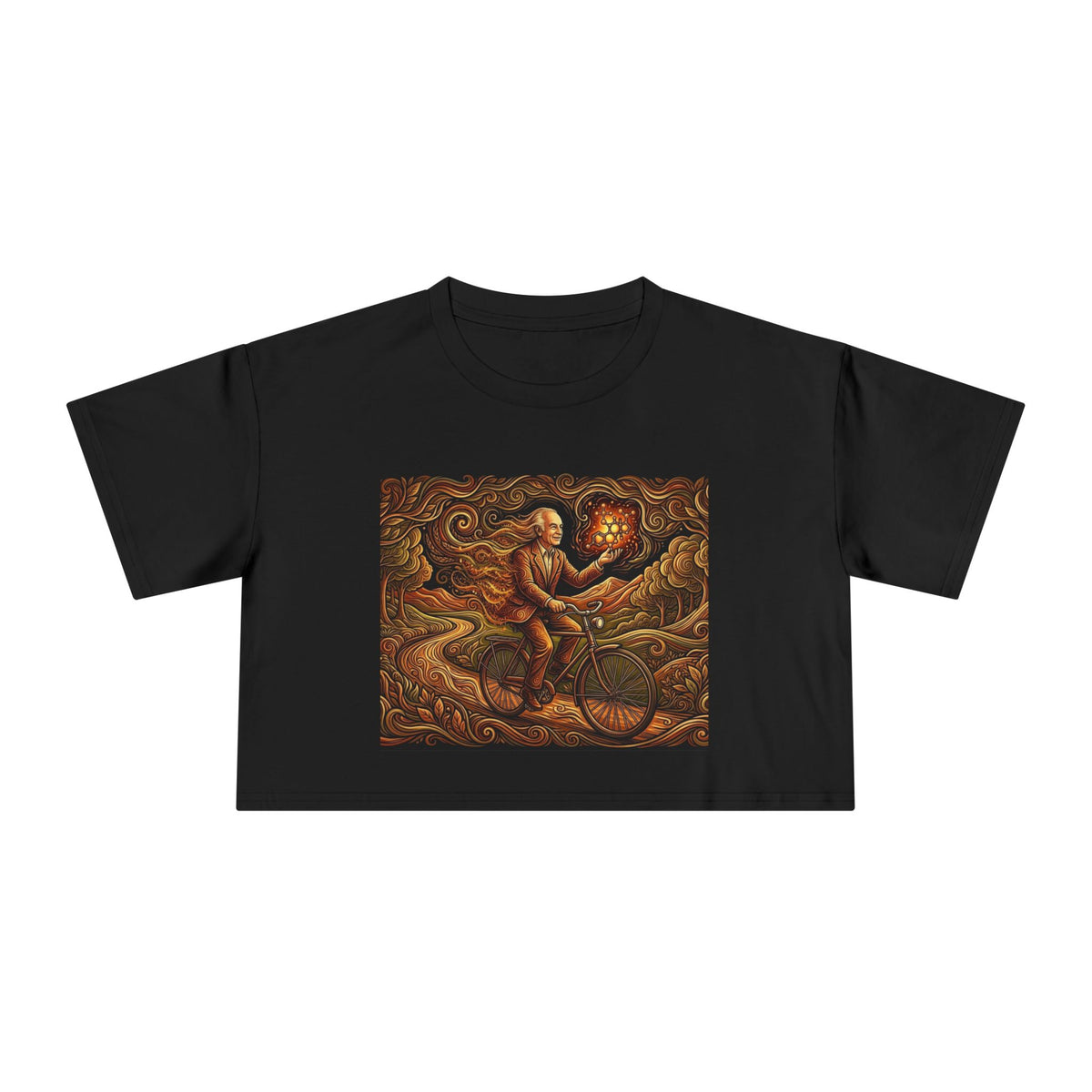Albert Hoffman Bicycle Rider with Glowing Heart Crop Tee | Fantasy Art