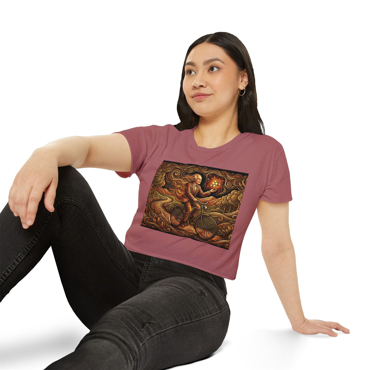 Albert Hoffman Bicycle Lantern Rider Crop Top | Whimsical Night Ride Artwork