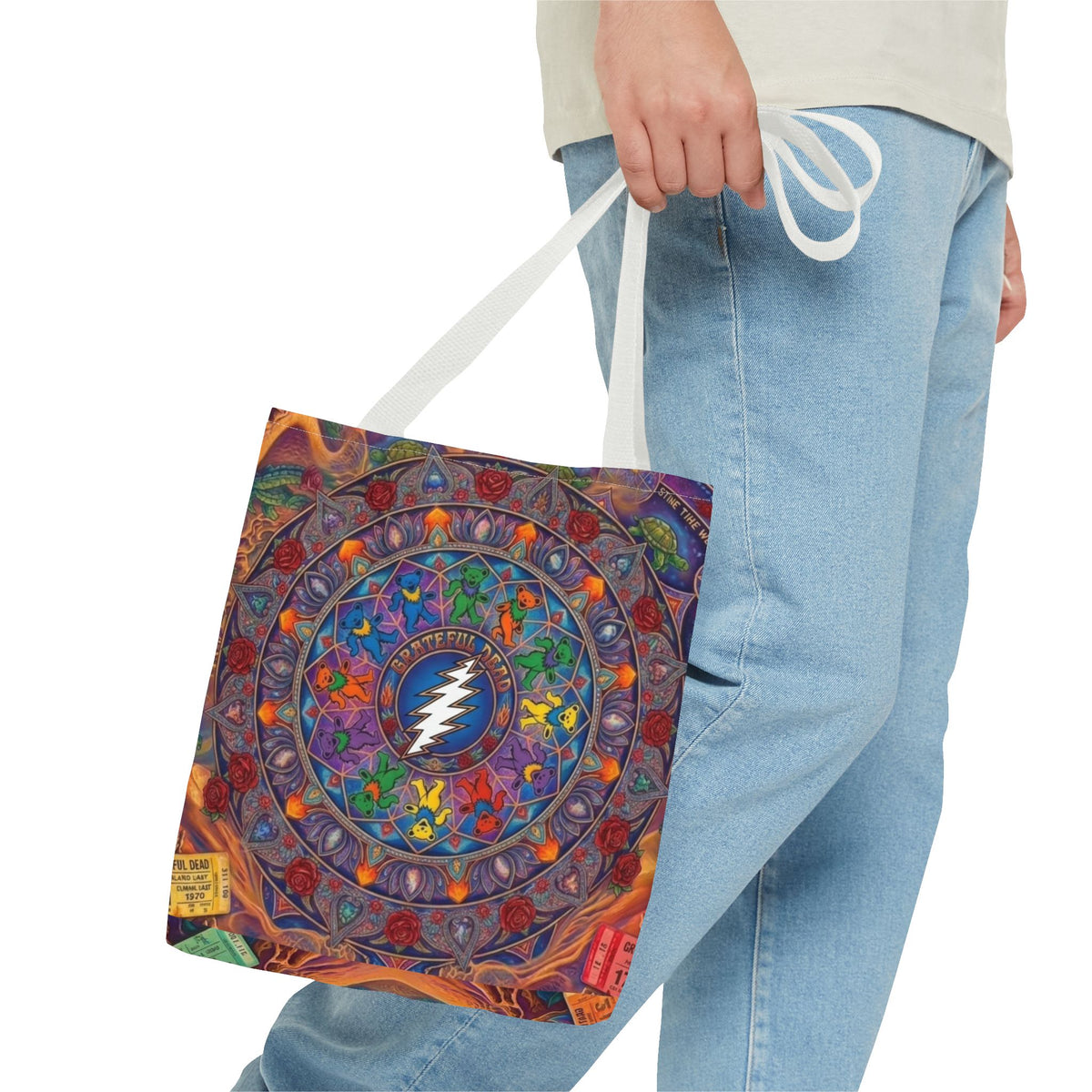 Psychedelic Mandala with Lightning Skull Tote Bag | Colorful Grateful Dead Art
