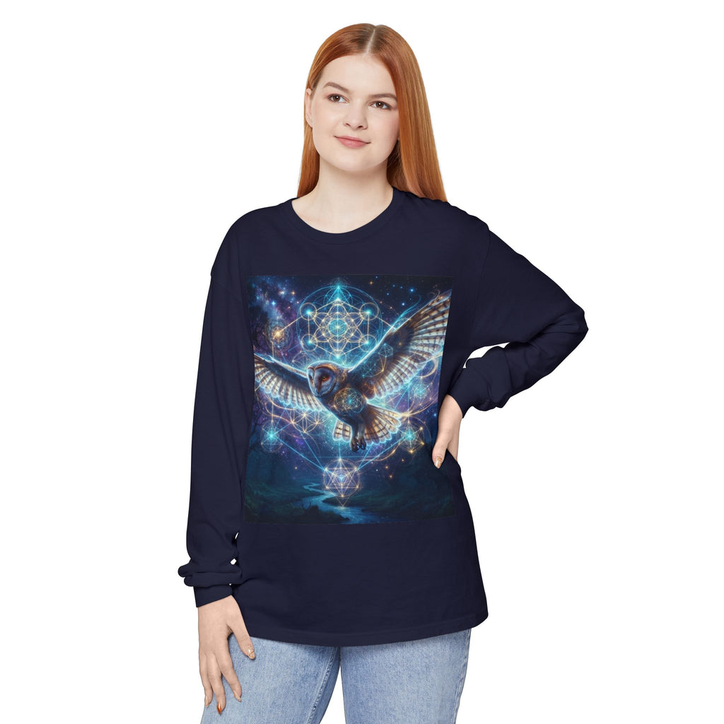 Mystic Barn Owl Long Sleeve T-Shirt | Geometric Night Sky