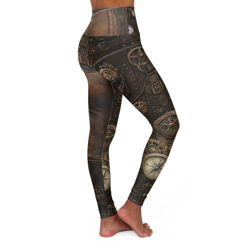Steampunk Gears Pattern High Waisted Yoga Leggings | Vintage Mechanical Print