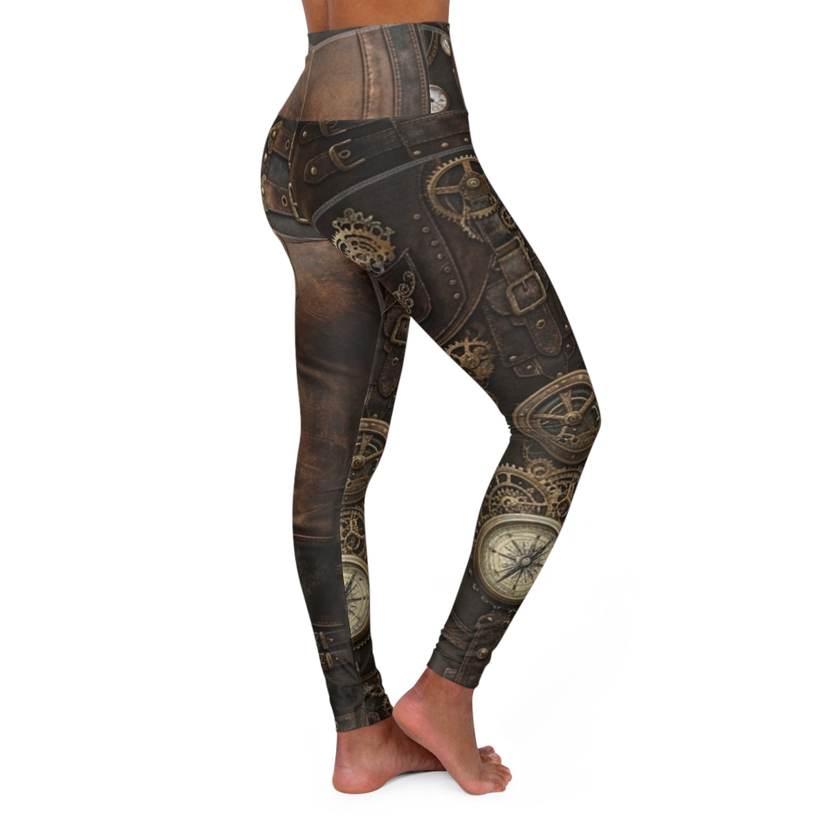 Steampunk Gears Pattern High Waisted Yoga Leggings | Vintage Mechanical Print