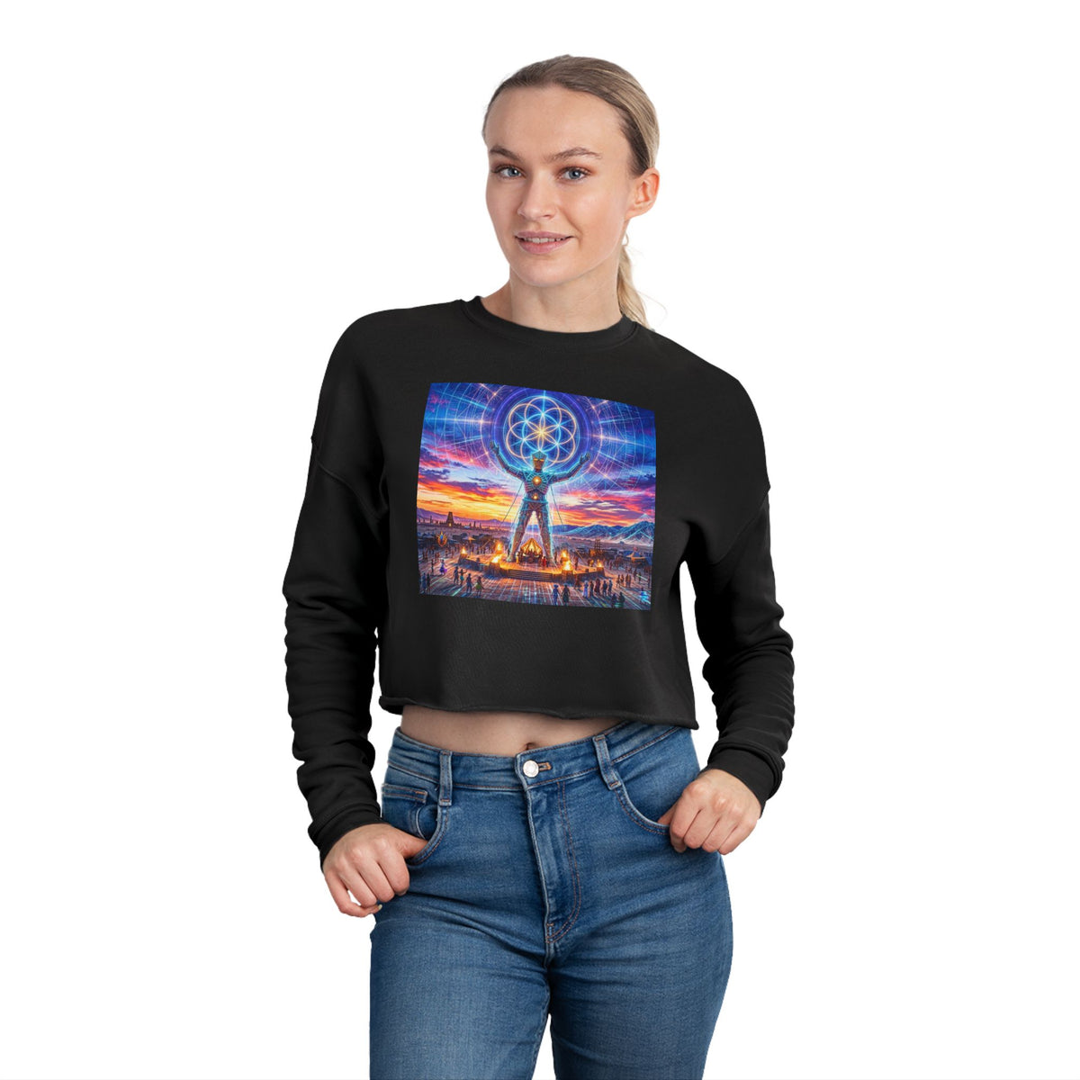 Cosmic Visionary Figure Cropped Sweatshirt | Sunrise Cityscape, Sacred Geometry, Black Rock City, Burning Man Quest