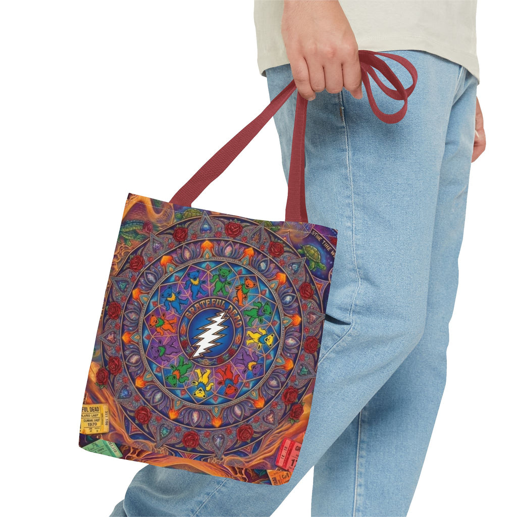 Psychedelic Mandala with Lightning Skull Tote Bag | Colorful Grateful Dead Art