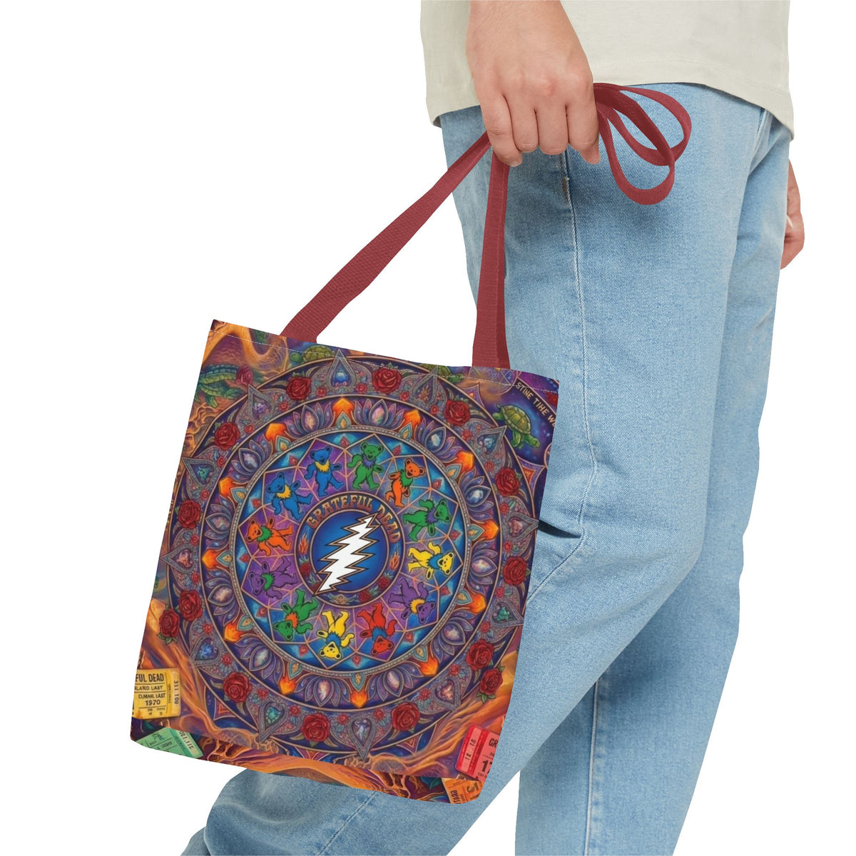 Psychedelic Mandala with Lightning Skull Tote Bag | Colorful Grateful Dead Art
