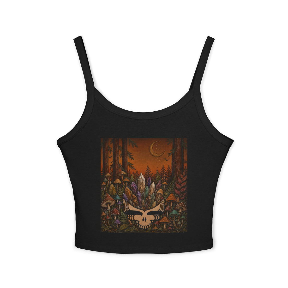 Mystic Forest Skull with Feathers Tank Top | Boho Moon Woodland Design