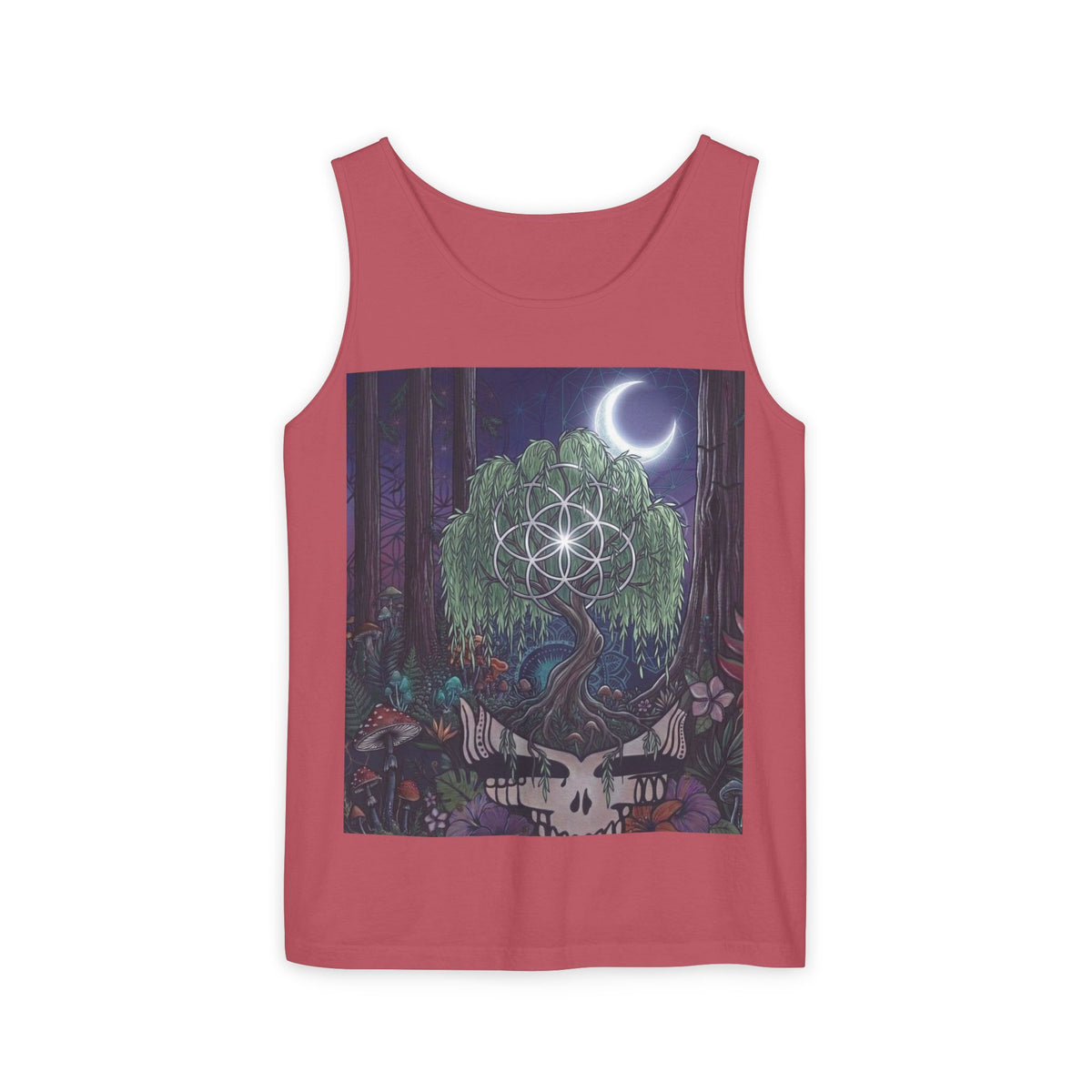 Mystical Moonlit Forest Tree Tank Top | Crescent Moon, Geometric Flower of Life