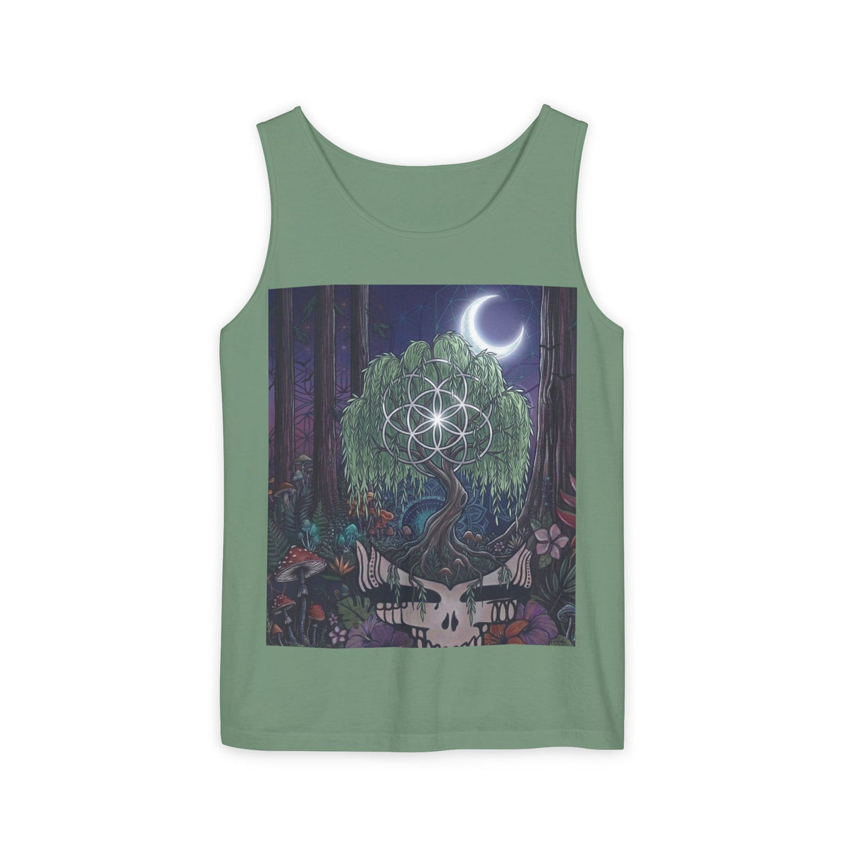 Mystical Moonlit Forest Tree Tank Top | Crescent Moon, Geometric Flower of Life