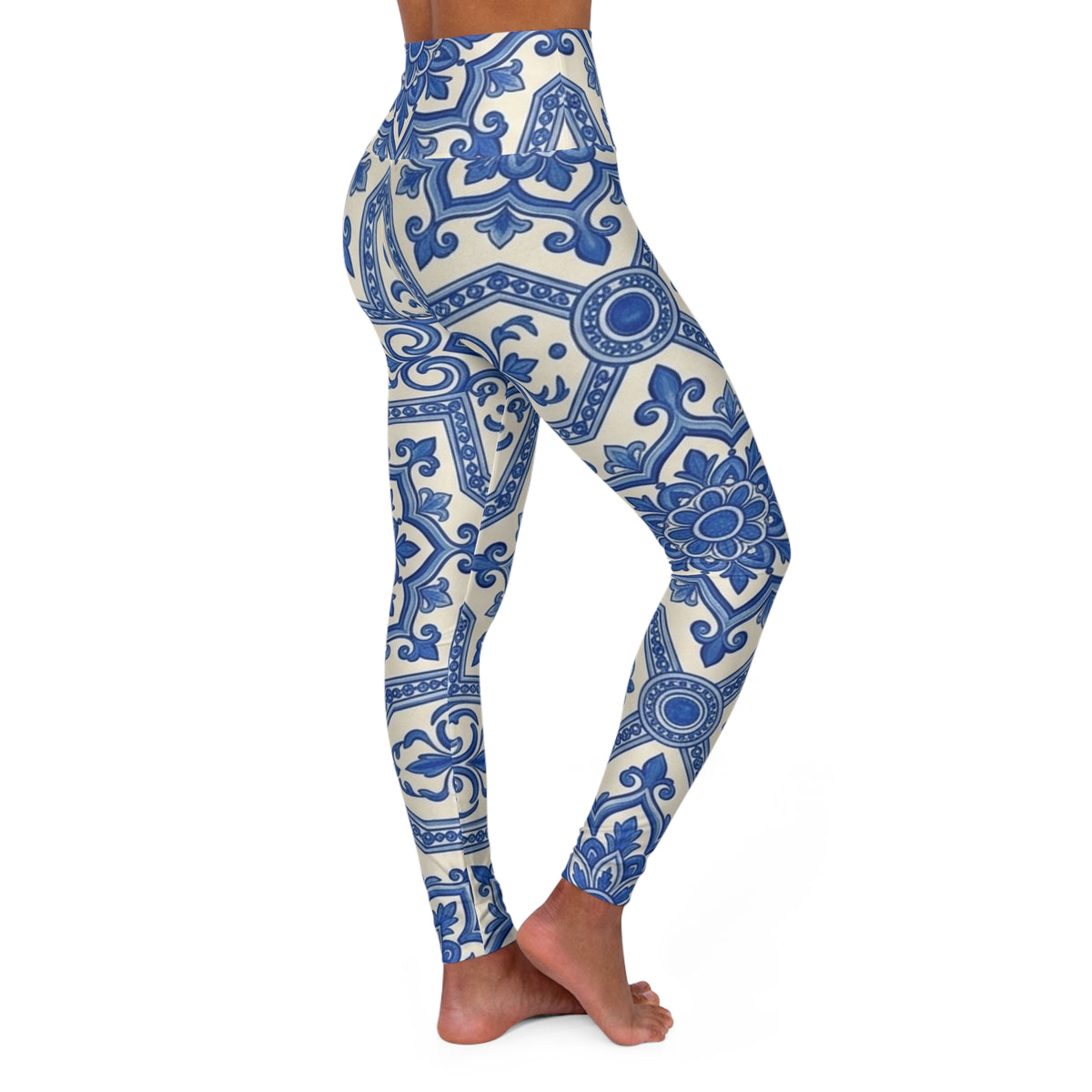 Blue Tile Pattern Leggings | High Waisted Yoga Leggings Spanish Talavera Ceramic Print, Mosaic Mandala Boho Festival Pants