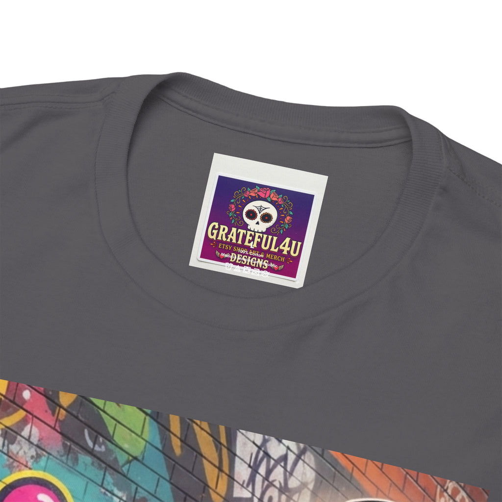 Graffiti Kid Skateboard Art T-Shirt | Urban Streetwear, Colorful Spray Paint Design