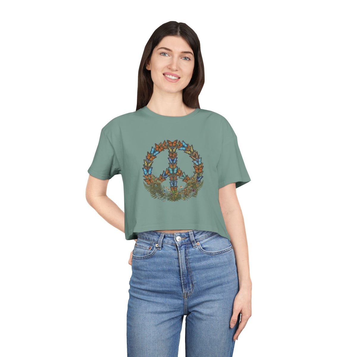 Floral Butterfly Peace Sign Crop Tee | Boho Nature Hippie Shirt