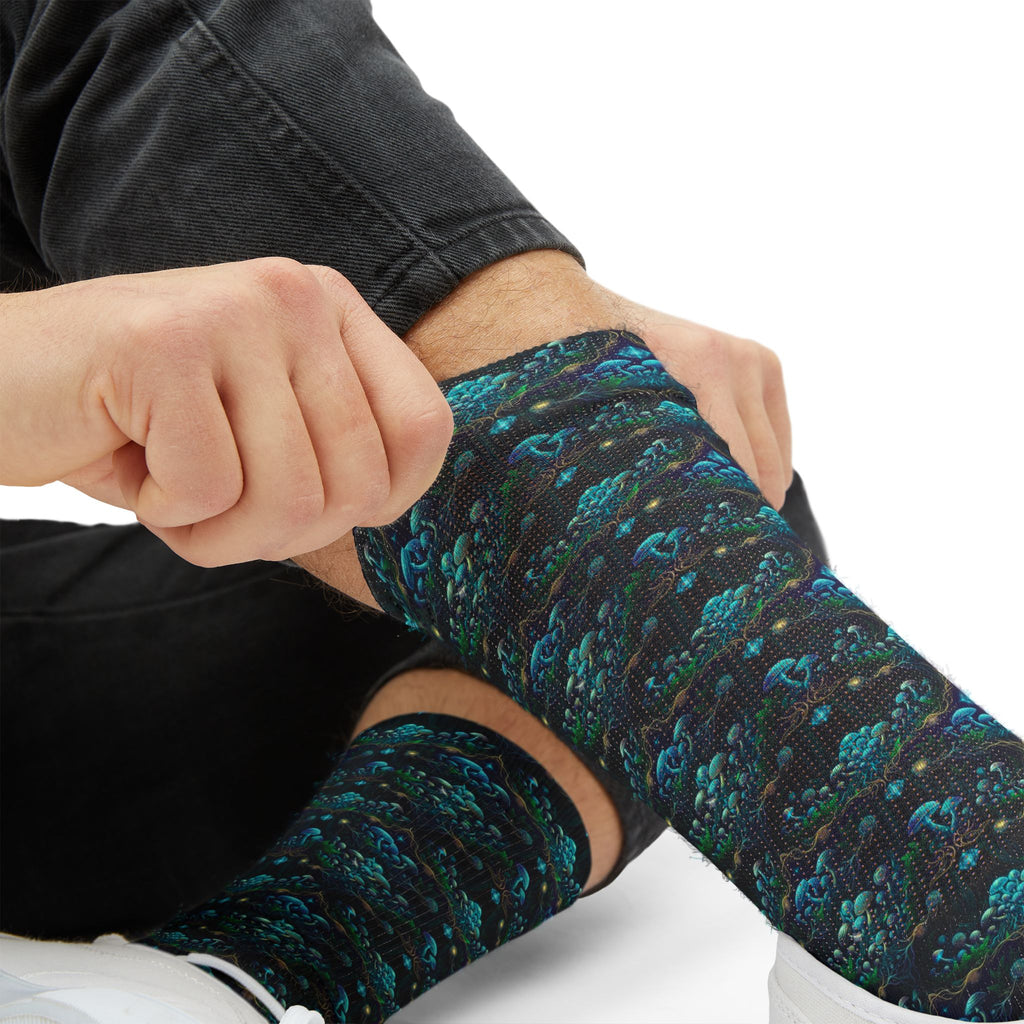 Teal Mushroom Socks Pattern Socks | Sublimation Crew Socks, Boho, Sacred Geometry