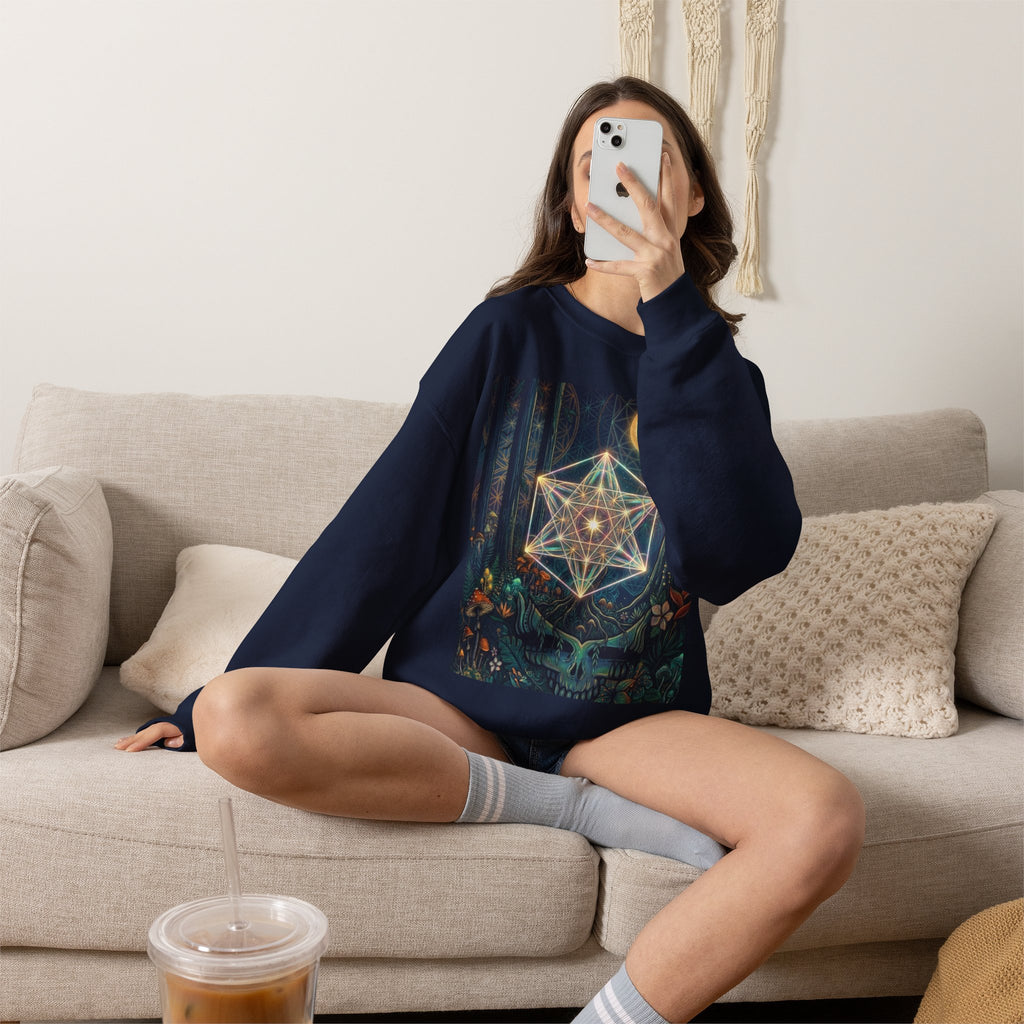 Sacred Geometry Star Mandala Crewneck Sweatshirt | Moon Forest Illustration, Deadhead gift