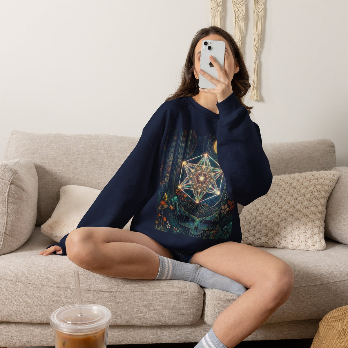 Sacred Geometry Star Mandala Crewneck Sweatshirt | Moon Forest Illustration, Deadhead gift