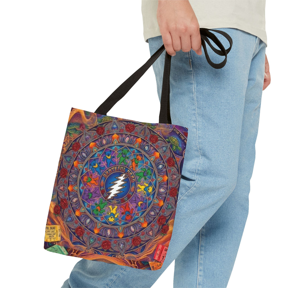 Psychedelic Mandala with Lightning Skull Tote Bag | Colorful Grateful Dead Art