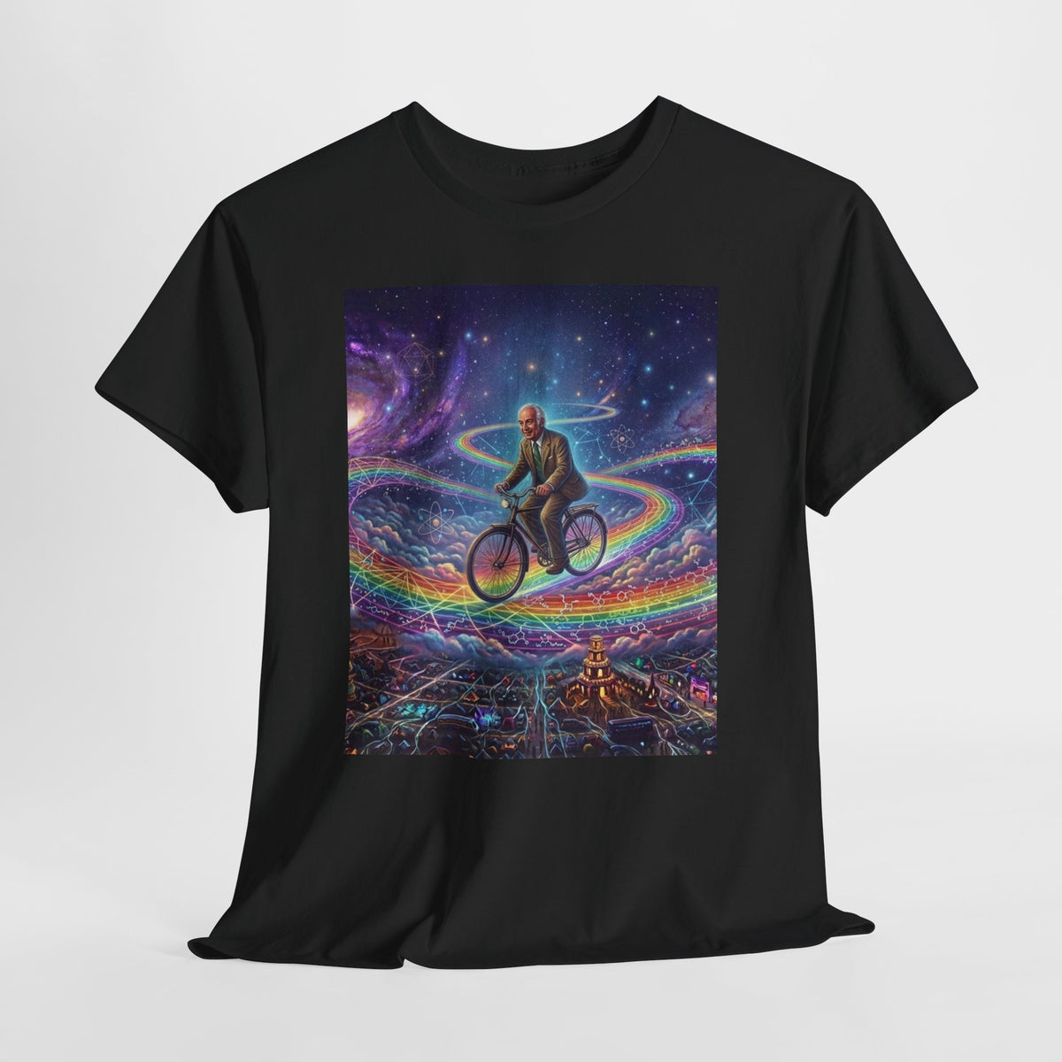 Albert Hoffman Riding Bicycle Through Rainbow Galaxy T-Shirt | Surreal Cosmic Art, Deadhead Gift