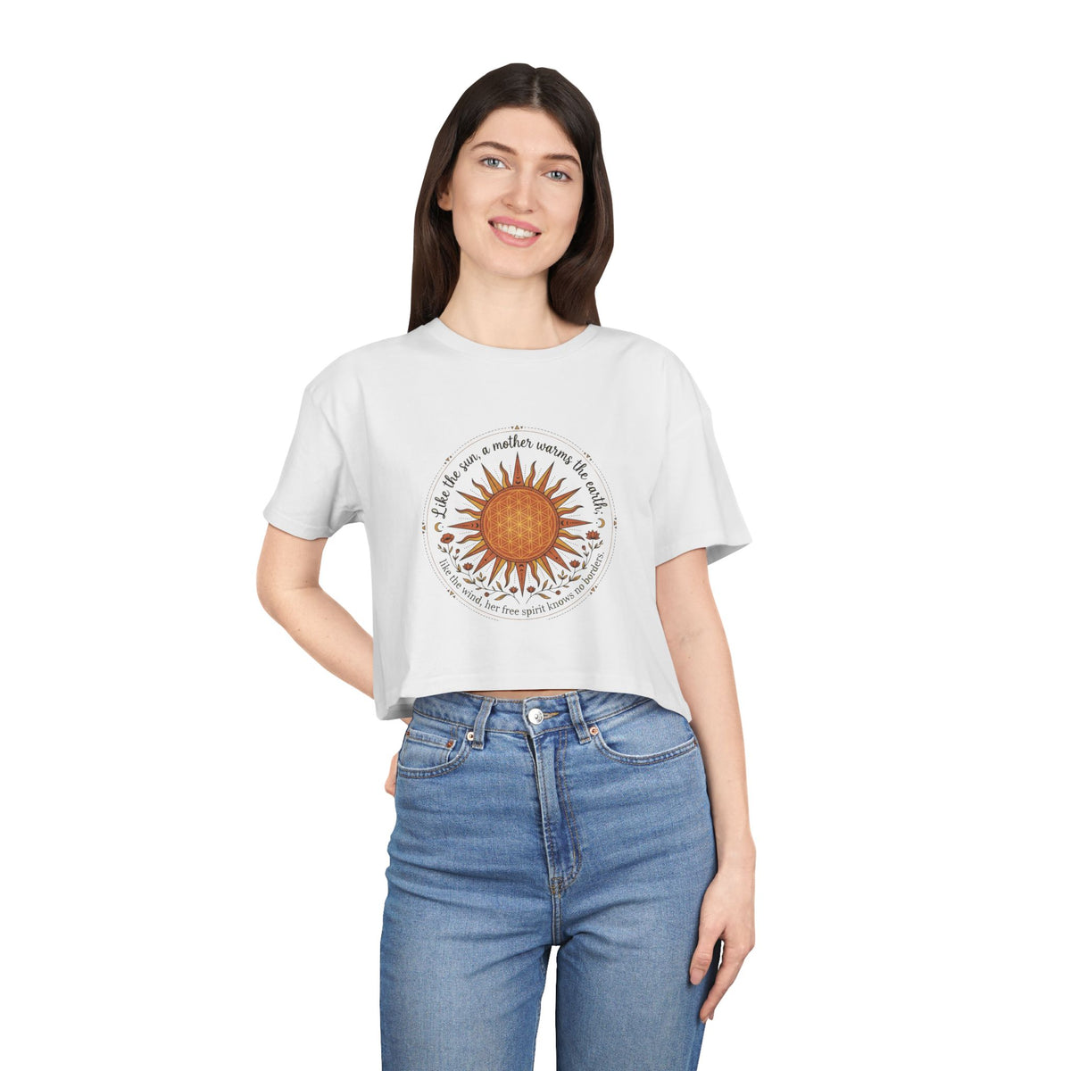 Boho Sun Illustration Crop Tee | Radiant Sunflower Graphic Top