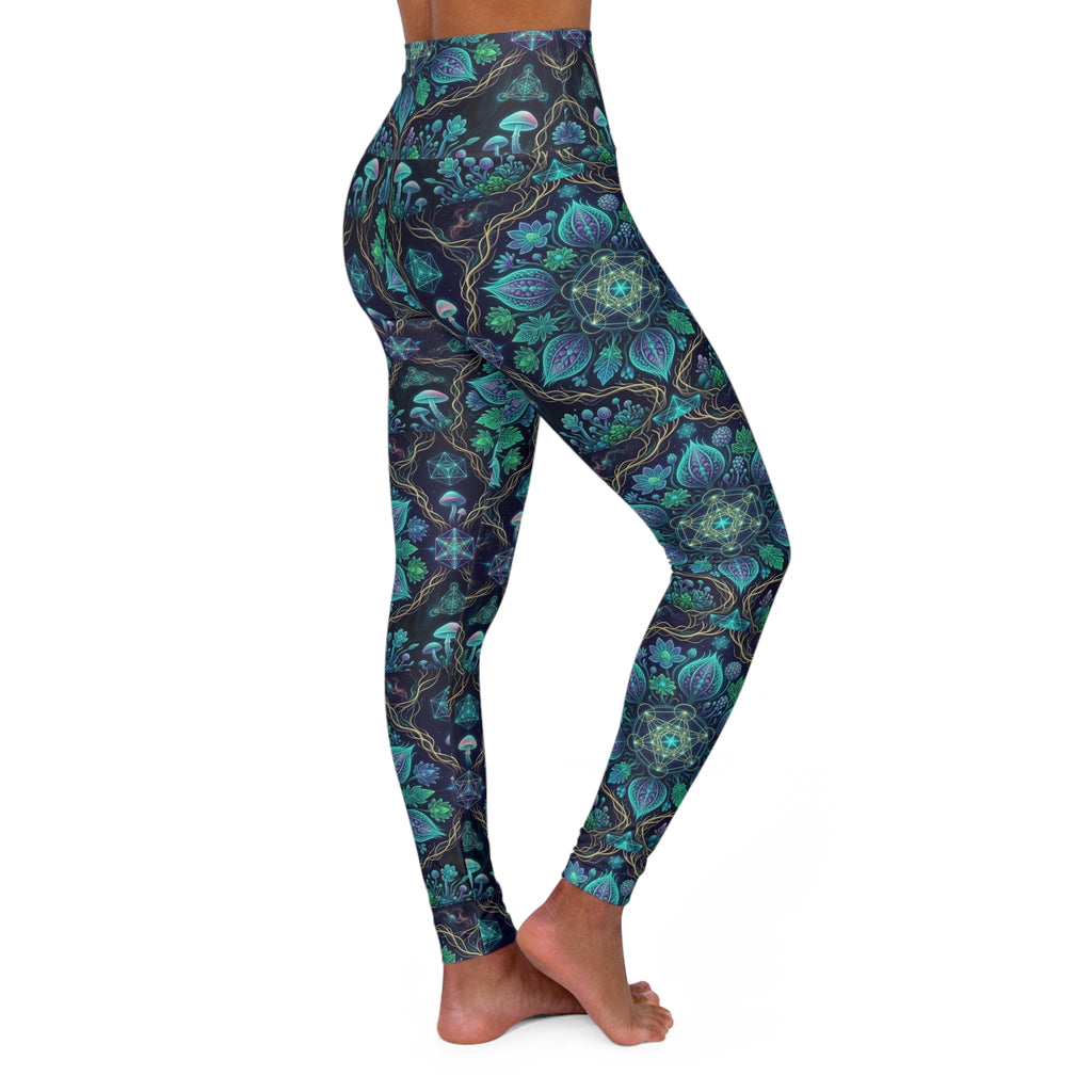 Festival apparel Teal Floral Vine Pattern Leggings High Waisted Yoga Leggings | Mystic Botanical Print