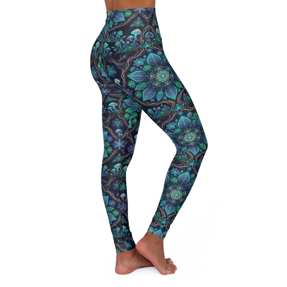 Festival apparel Teal Floral Vine Pattern Leggings High Waisted Yoga Leggings | Mystic Botanical Print