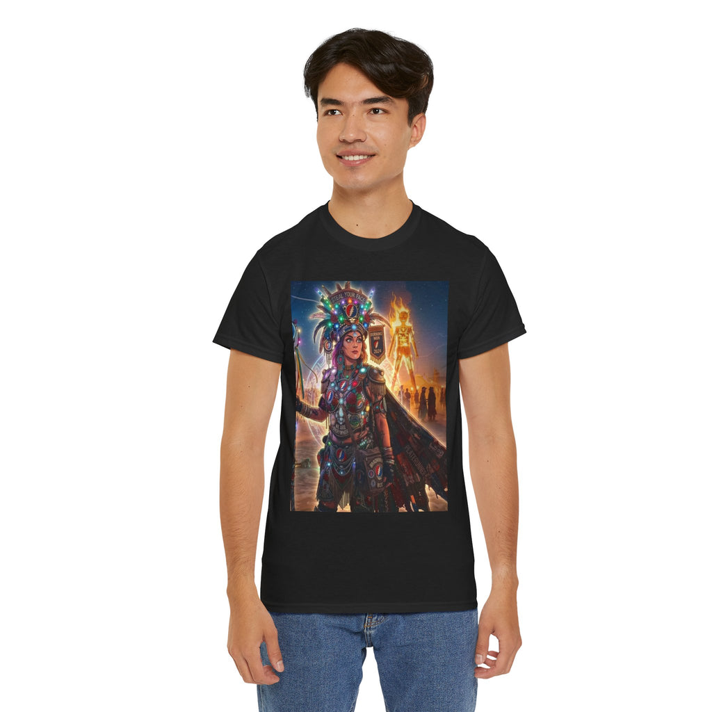 Aztec Warrior Art T-Shirt | Tribal Headdress, Festival Night Scene