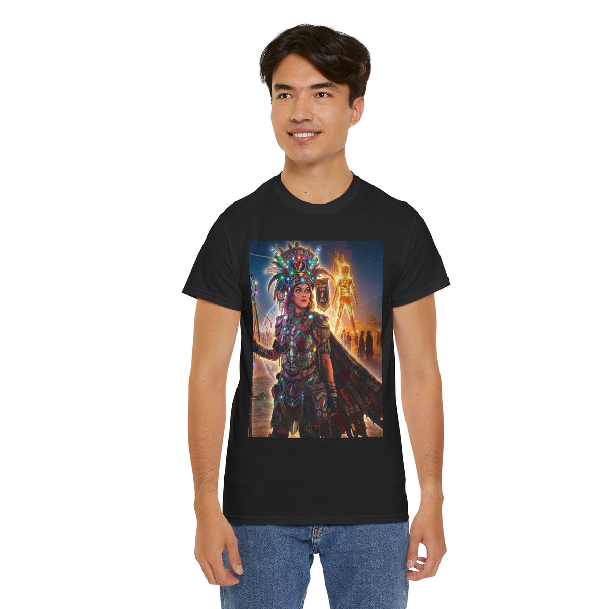 Aztec Warrior Art T-Shirt | Tribal Headdress, Festival Night Scene