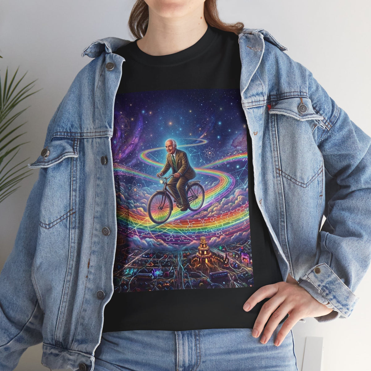 Albert Hoffman Riding Bicycle Through Rainbow Galaxy T-Shirt | Surreal Cosmic Art, Deadhead Gift
