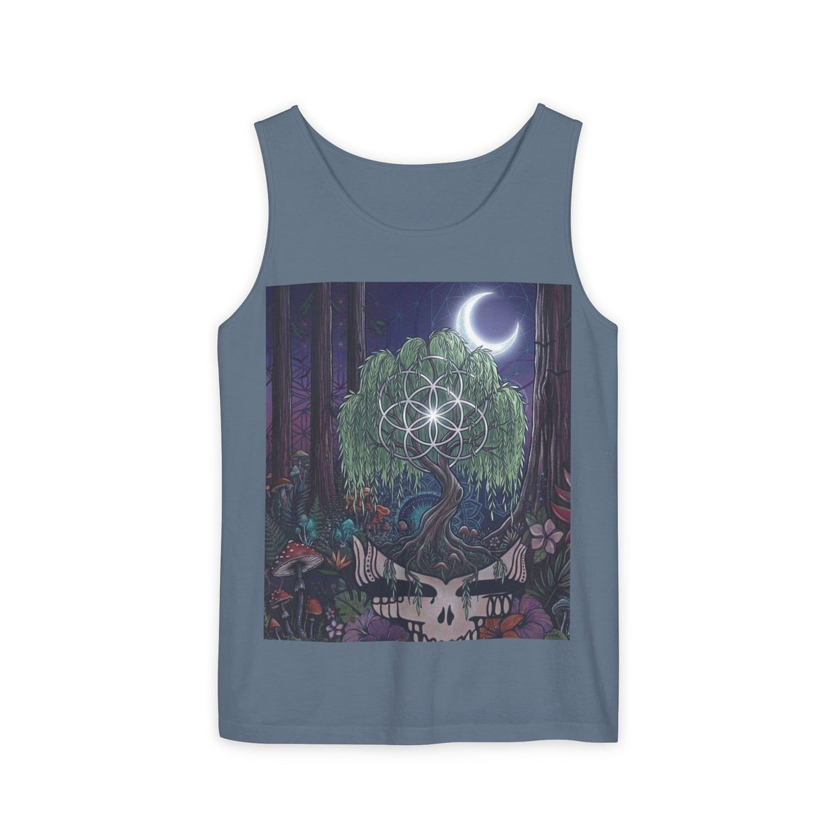 Mystical Moonlit Forest Tree Tank Top | Crescent Moon, Geometric Flower of Life