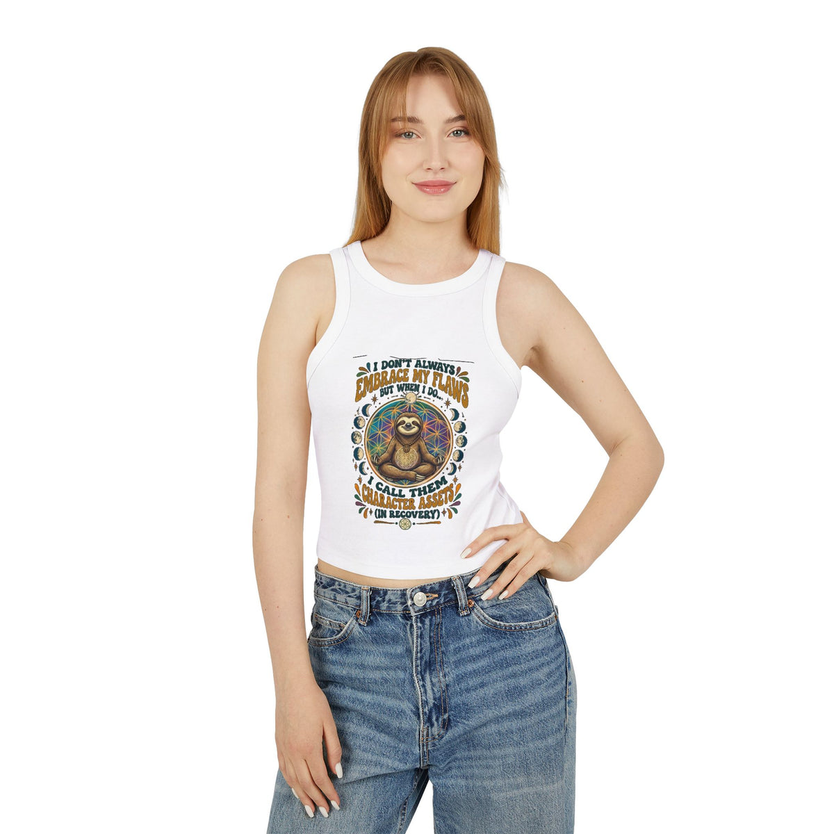 Meditating Sloth Floral Mandala Racer Tank Top | Relaxation Vibes Recovery NA Slogan Workout Top, Spiritual Boho Yoga