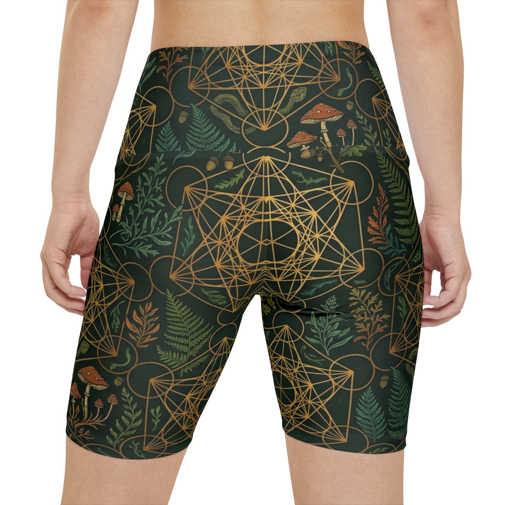 Sacred Geometry Ferns and Mushrooms Shorts | Green Botanical Pattern