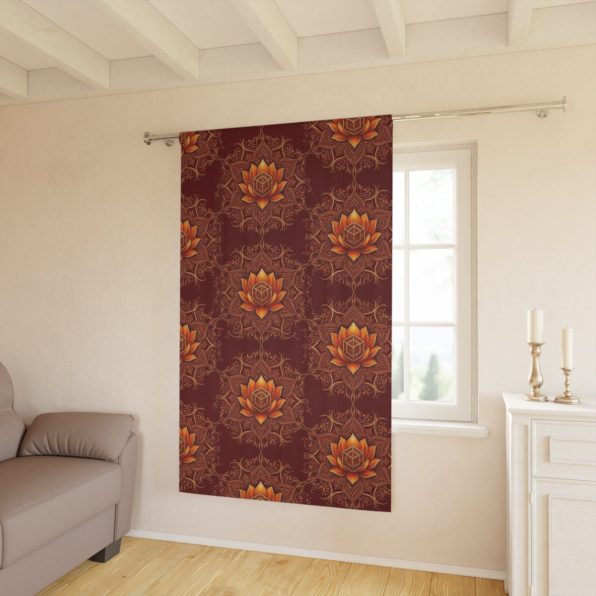 Autumn Lotus Pattern Window Curtain | Floral Boho Curtain Panel