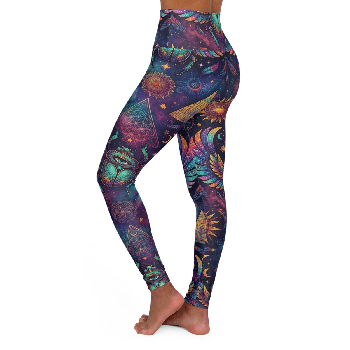 High Waisted Celestial Pyramid Sun & Moon Leggings | Psychedelic Sacred Geometry Scarab Pants, Earth Tone Festival Apparel